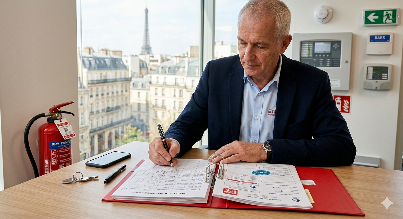 La gestion rigoureuse du registre de sécurité incendie en Île-de-France Un expert en sécurité incendie complète avec précision un registre de sécurité rouge ouvert sur un bureau. En arrière-plan, on aperçoit des équipements de protection (extincteur, boîtier SSI, signalétique BAES) et une vue panoramique sur les toits de Paris avec la Tour Eiffel, symbolisant la conformité des ERP et immeubles parisiens.